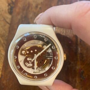 Swatch ladies watch, white and gold, crystals around the face